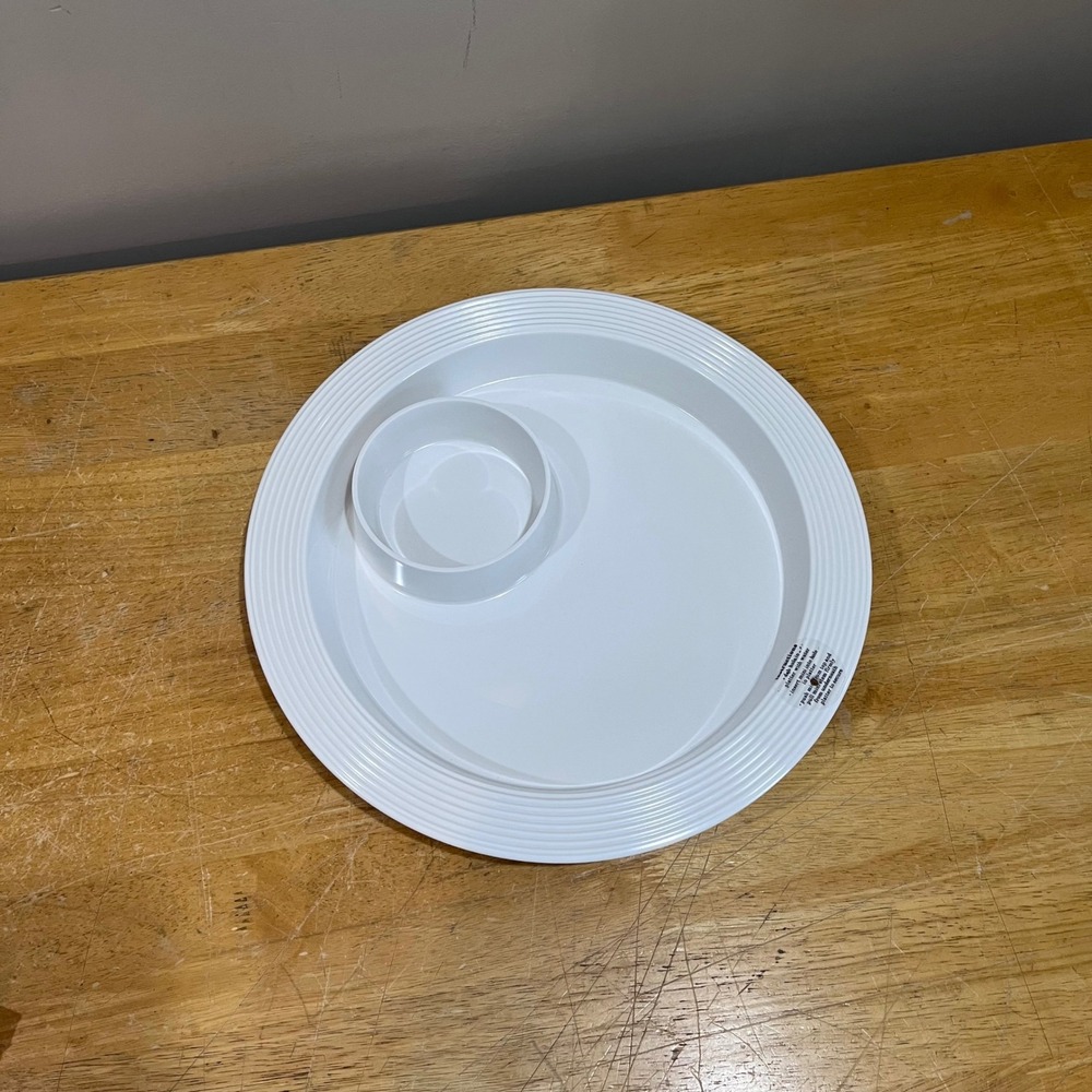 Nora Fleming Melamine Pinstripe‎ Round Platter with Dip Bowl White 13 inch